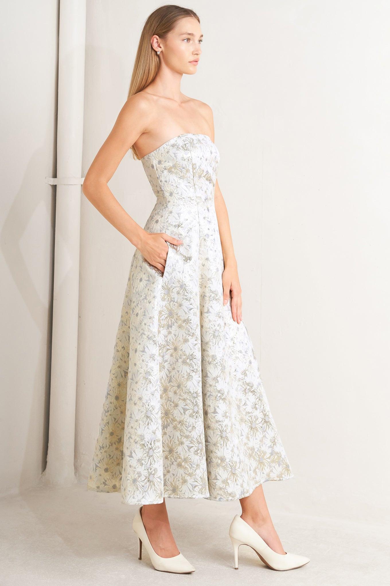 Pastel Bloom Woven Jacquard Midi Dress in cream gold, view 5 — Soul Flow Apparel