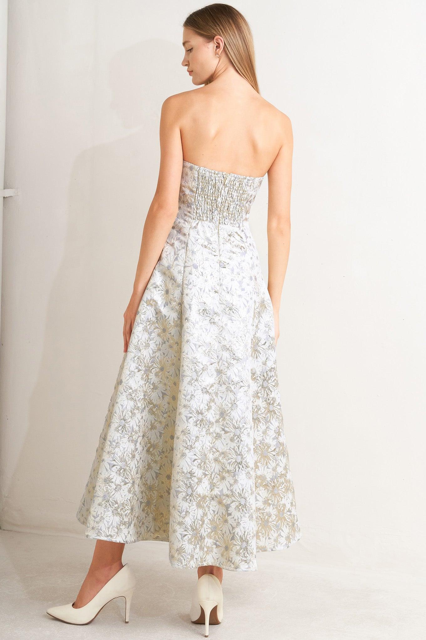 Pastel Bloom Woven Jacquard Midi Dress in cream gold, view 6 — Soul Flow Apparel