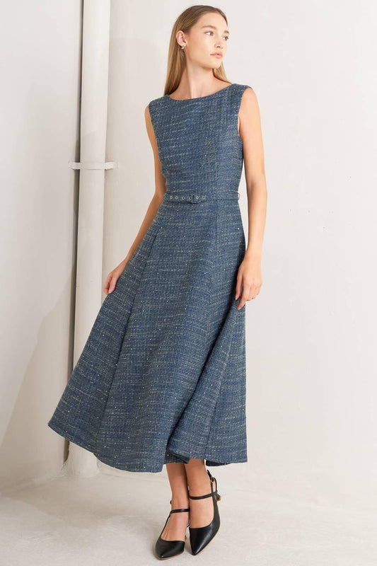 Vintage Vibe Bouclé Woven Tweed Midi Dress in light navy, view 1 — Soul Flow Apparel
