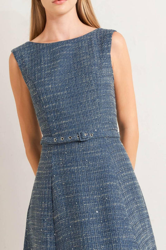 Vintage Vibe Bouclé Woven Tweed Midi Dress in light navy, view 7 — Soul Flow Apparel