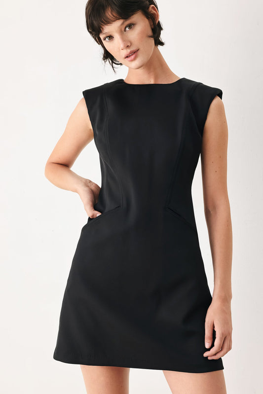 The Modern Icon Woven Shift Dress in black, view 3 — Soul Flow Apparel