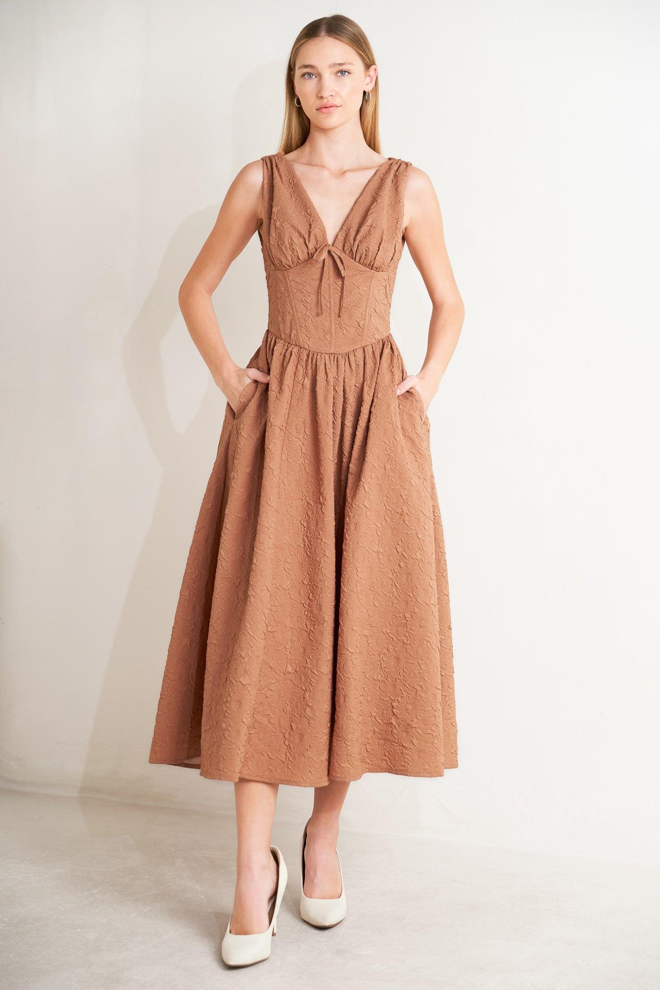 Earthbound Charm Woven Midi Dress in mocha rose, view 1 — Soul Flow Apparel