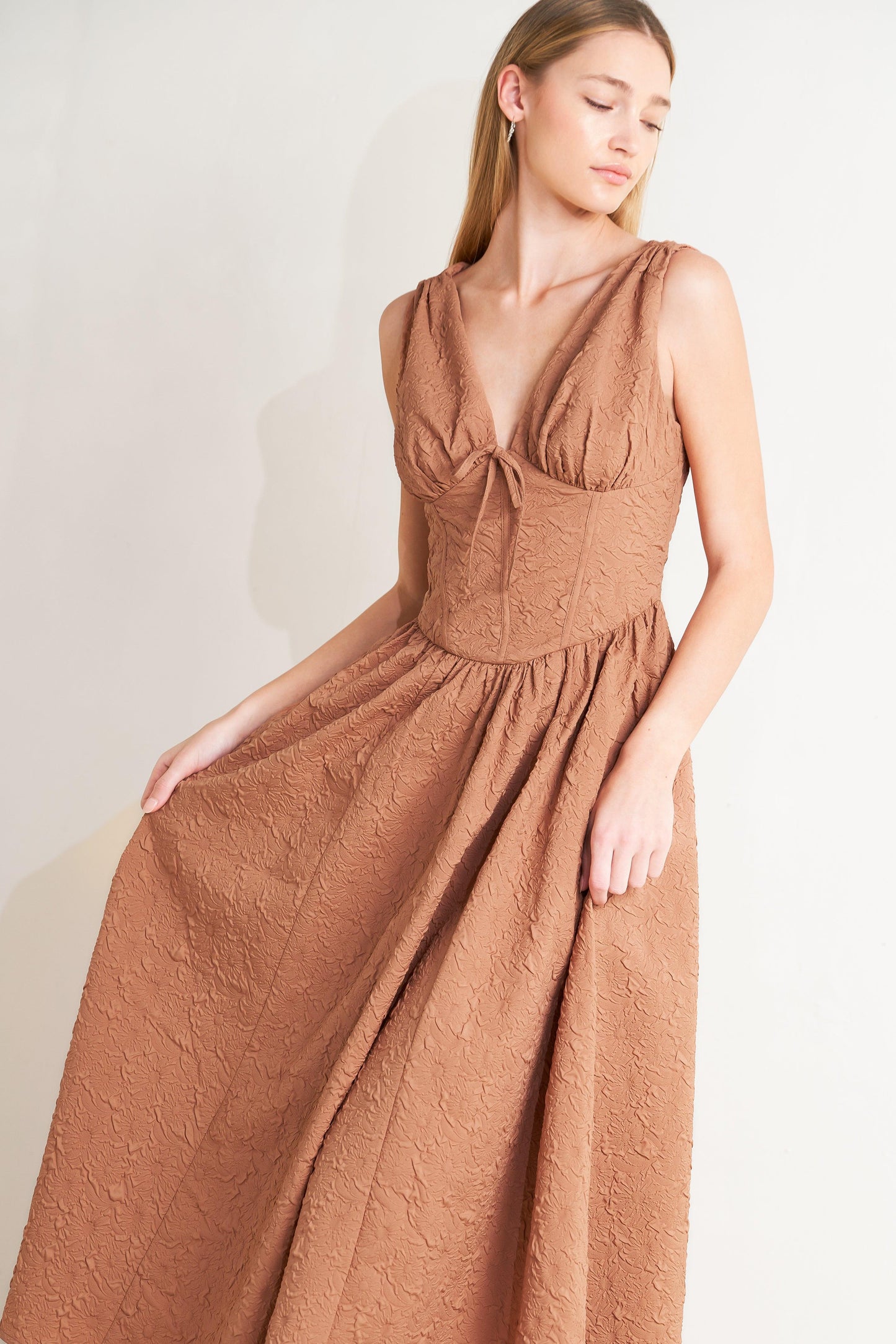 Earthbound Charm Woven Midi Dress in mocha rose, view 2 — Soul Flow Apparel