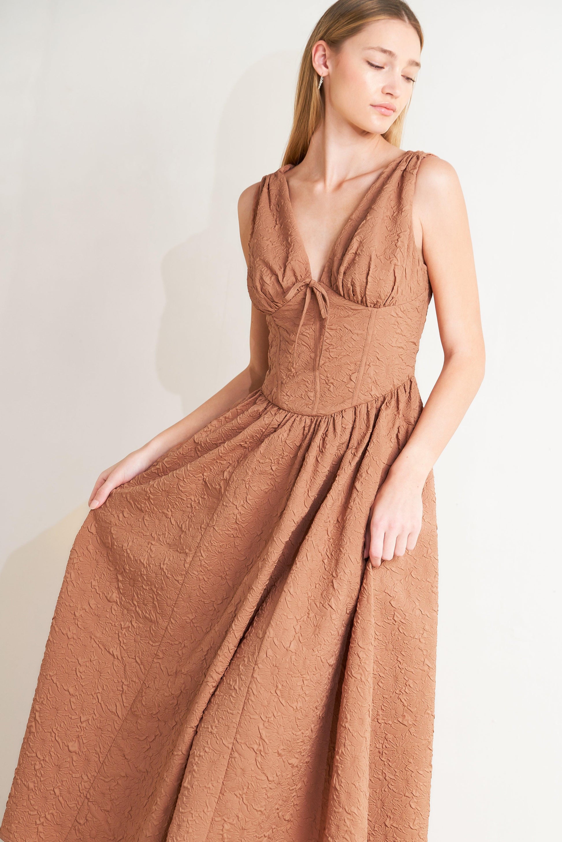 Earthbound Charm Woven Midi Dress in mocha rose, view 2 — Soul Flow Apparel