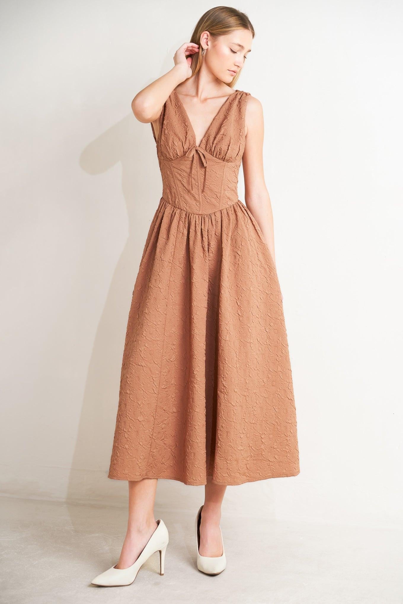Earthbound Charm Woven Midi Dress in mocha rose, view 3 — Soul Flow Apparel