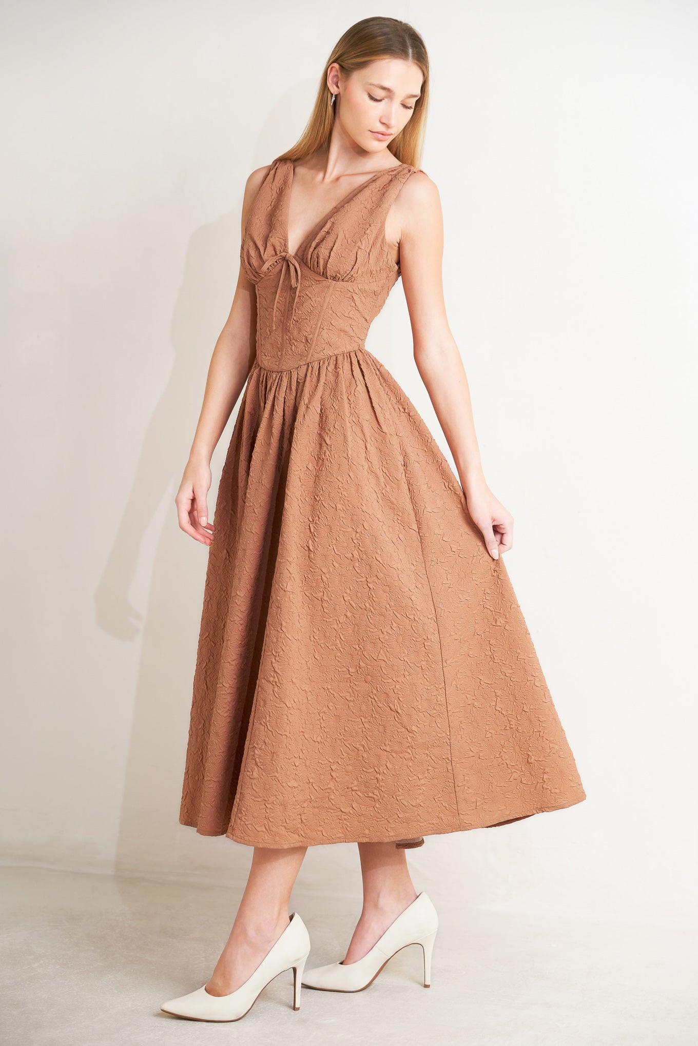 Earthbound Charm Woven Midi Dress in mocha rose, view 4 — Soul Flow Apparel