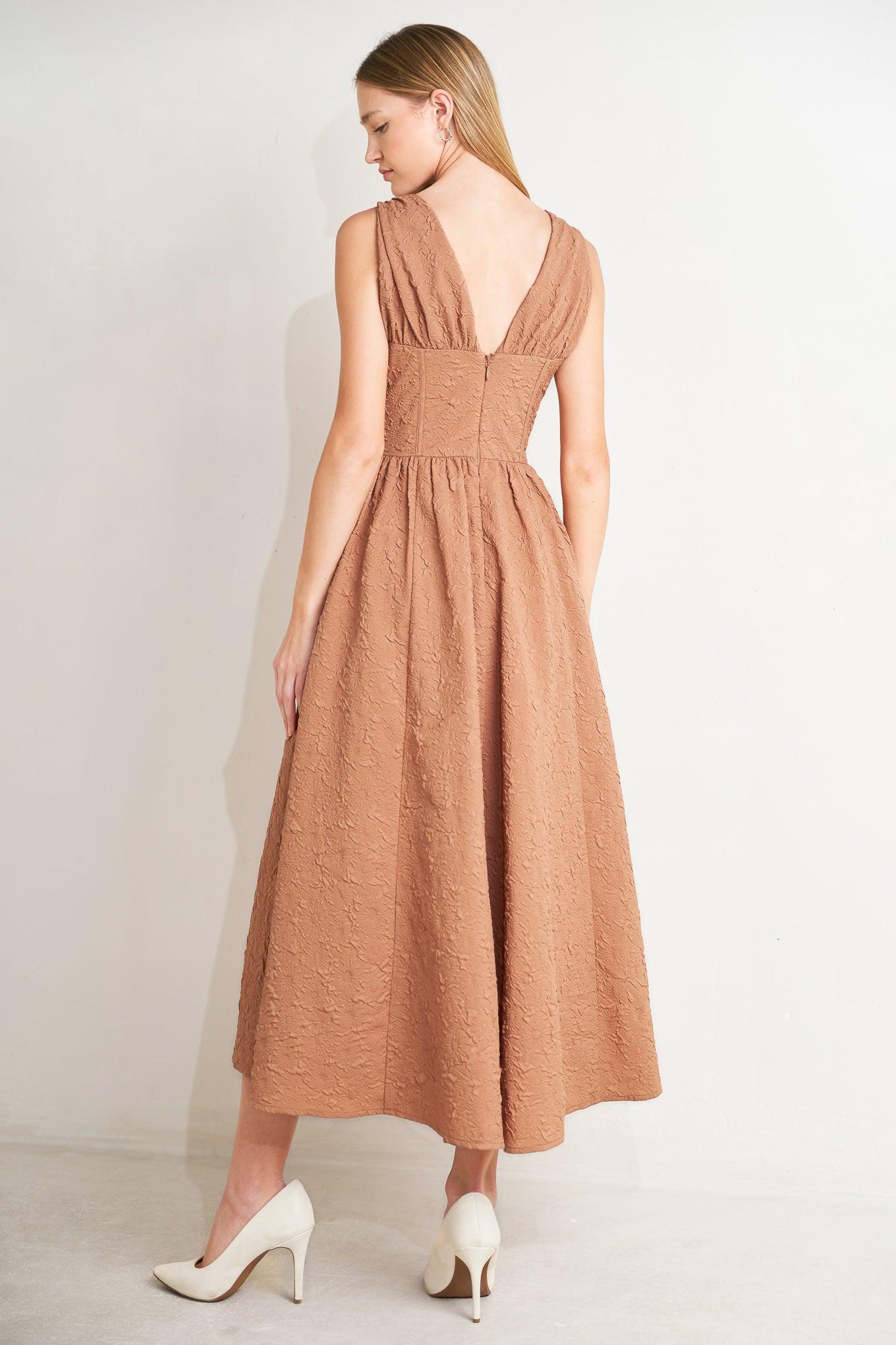 Earthbound Charm Woven Midi Dress in mocha rose, view 6 — Soul Flow Apparel