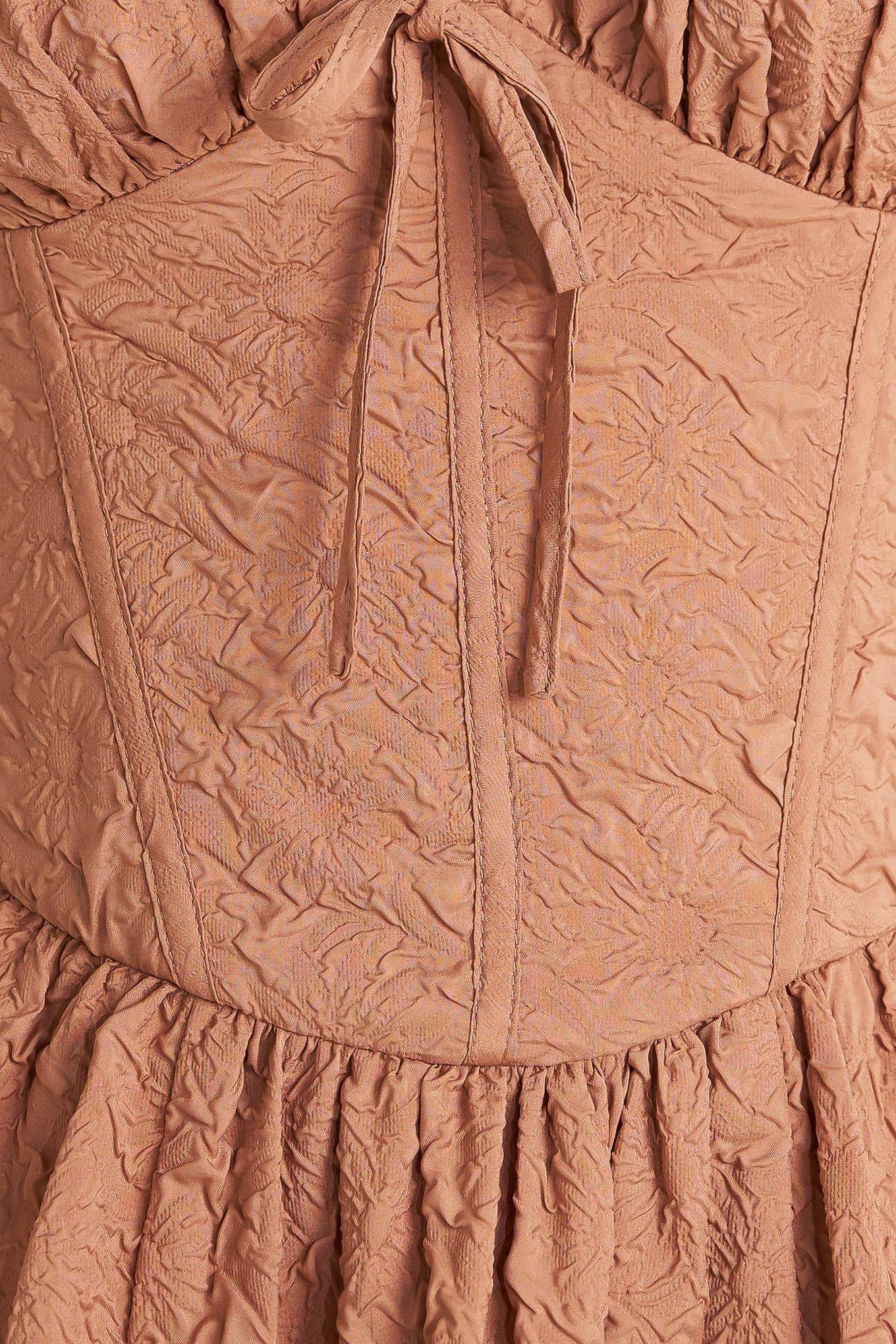 Earthbound Charm Woven Midi Dress in mocha rose, fabric swatch — Soul Flow Apparel