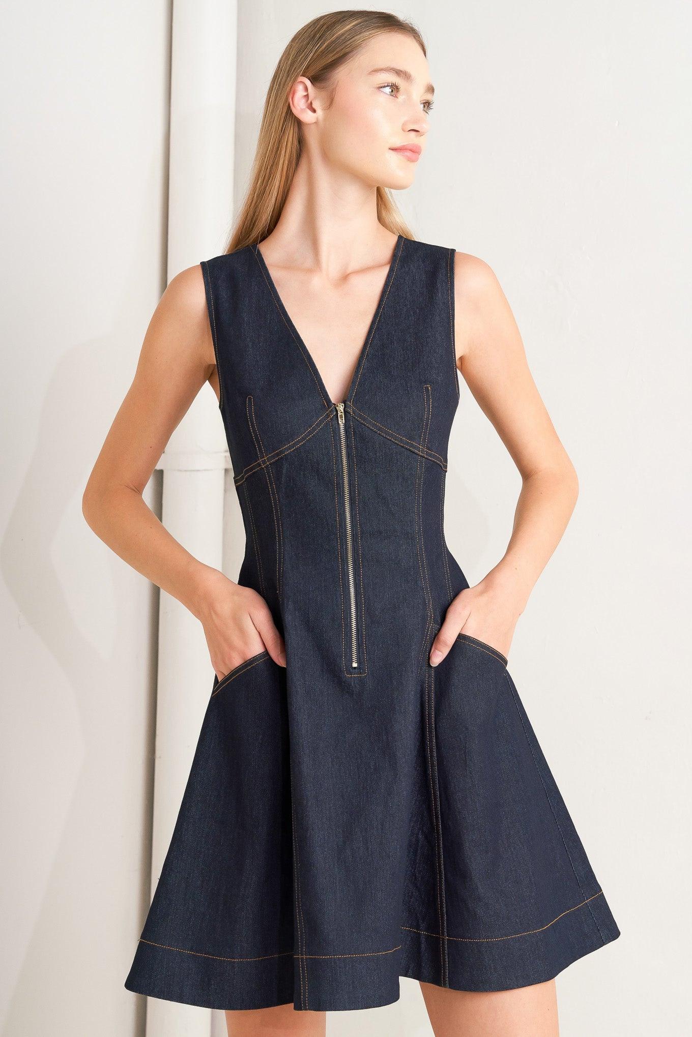 Fresh Edit Denim Mini Dress in dark, view 2 — Soul Flow Apparel