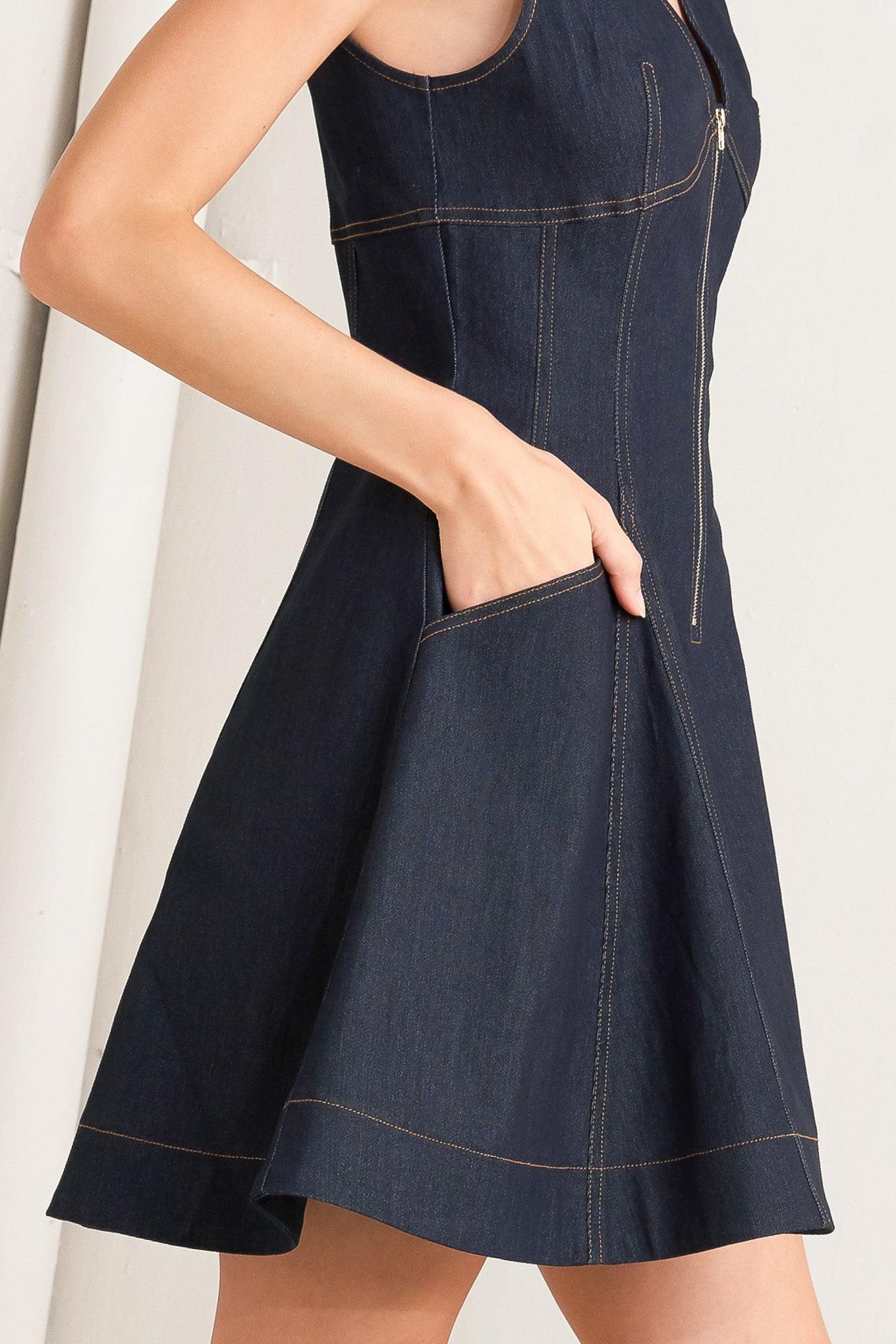 Fresh Edit Denim Mini Dress in dark, view 7 — Soul Flow Apparel