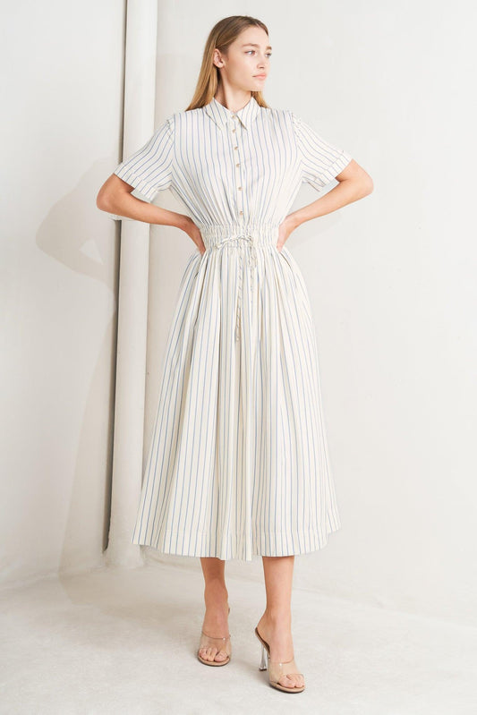 Sunday Stripe Woven Midi Dress in ivory blue, view 3 — Soul Flow Apparel