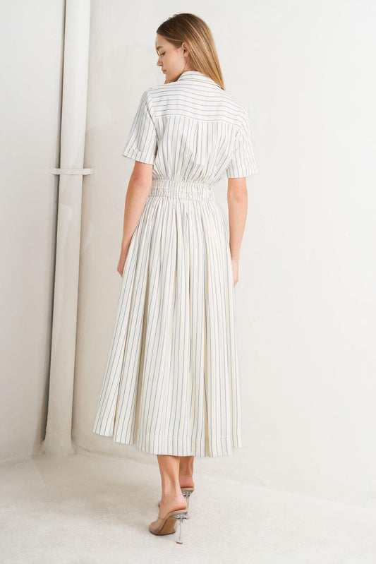 Sunday Stripe Woven Midi Dress in ivory blue, view 5 — Soul Flow Apparel