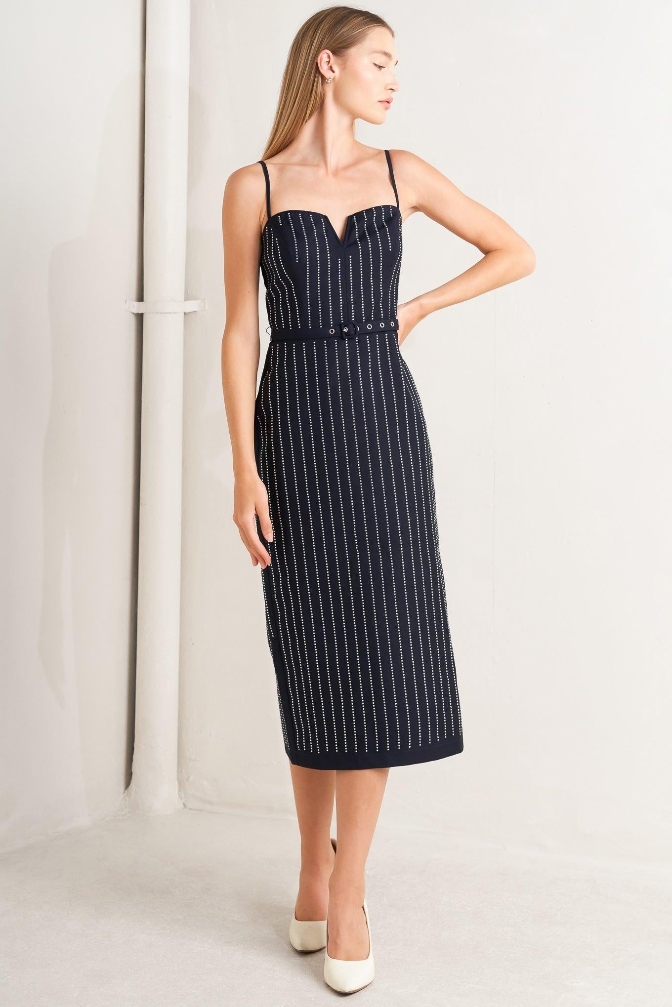 Vertical Grace Woven Midi Dress in navy, view 1 — Soul Flow Apparel