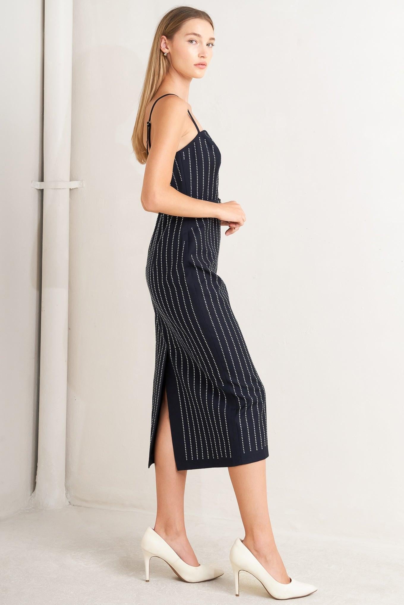 Vertical Grace Woven Midi Dress in navy, view 4 — Soul Flow Apparel