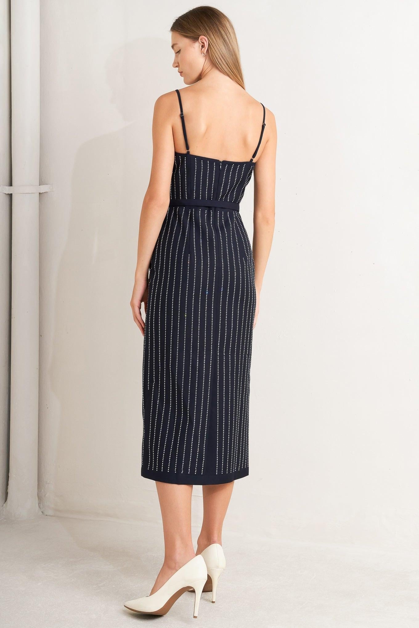 Vertical Grace Woven Midi Dress in navy, view 5 — Soul Flow Apparel
