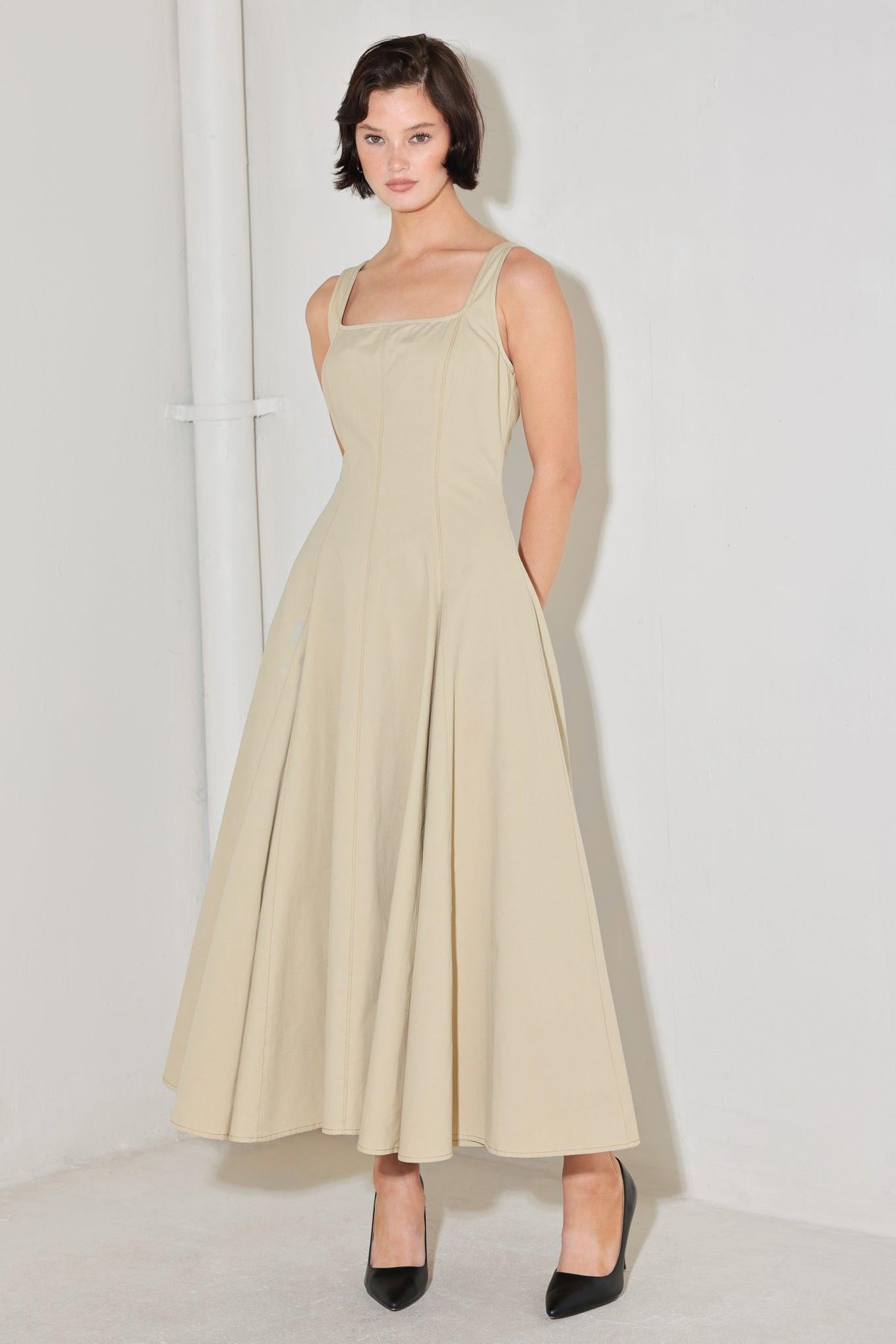 Sandstone Serenade Woven Midi Dress in beige, view 1 — Soul Flow Apparel