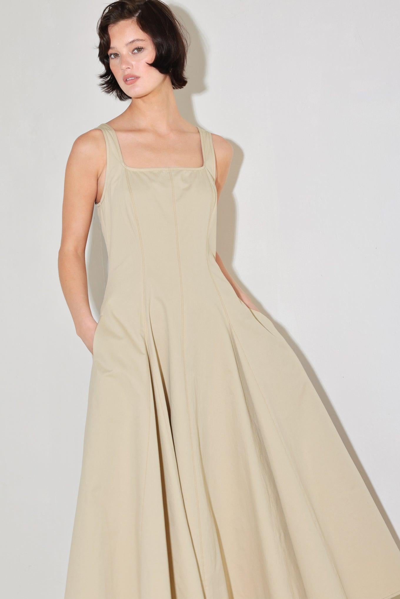 Sandstone Serenade Woven Midi Dress in beige, view 3 — Soul Flow Apparel