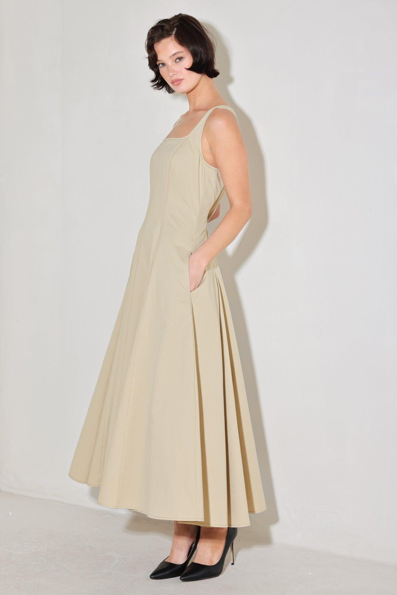 Sandstone Serenade Woven Midi Dress in beige, view 4 — Soul Flow Apparel
