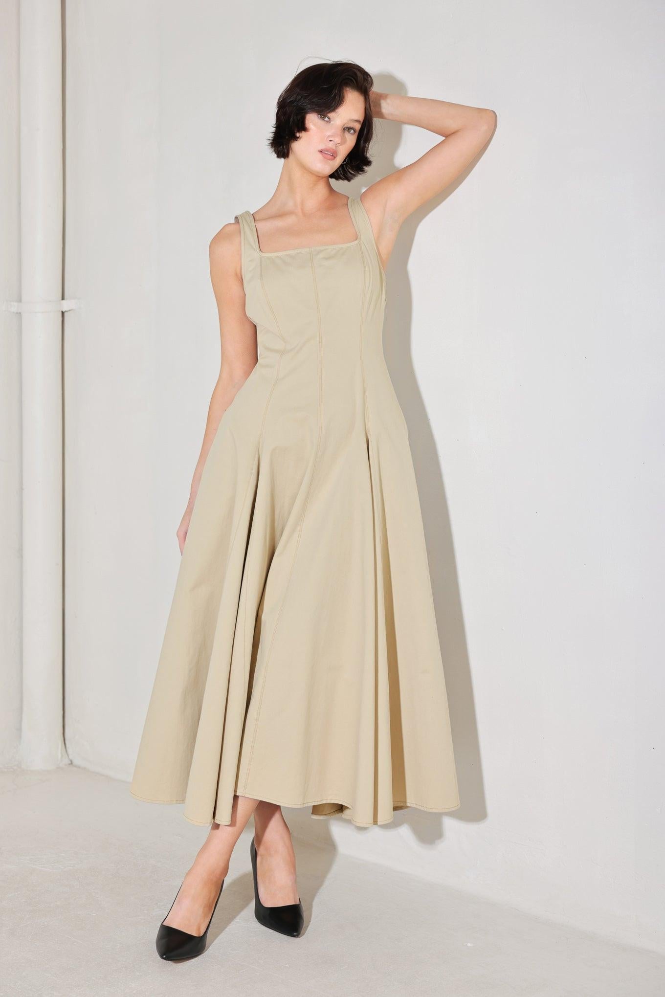 Sandstone Serenade Woven Midi Dress in beige, view 5 — Soul Flow Apparel