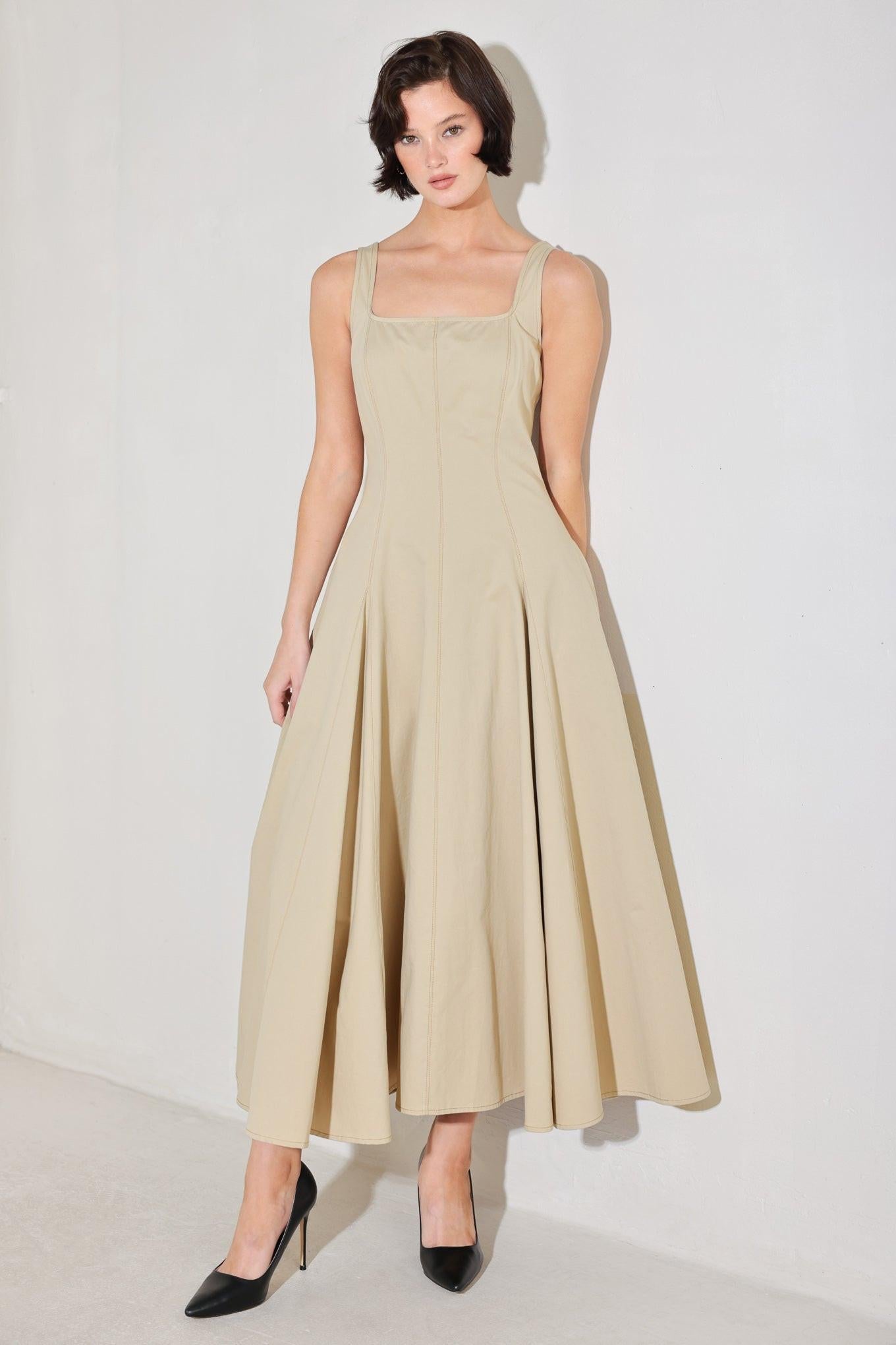 Sandstone Serenade Woven Midi Dress in beige, view 6 — Soul Flow Apparel