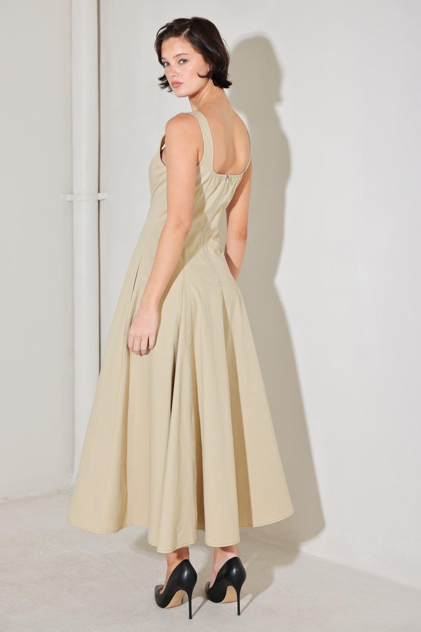 Sandstone Serenade Woven Midi Dress in beige, view 7 — Soul Flow Apparel