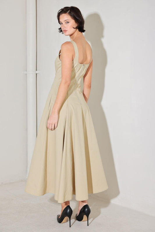 Sandstone Serenade Woven Midi Dress in beige, view 7 — Soul Flow Apparel