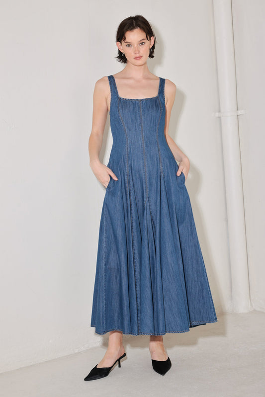 Indigo Sway Denim Midi Dress in medium indigo, view 1 — Soul Flow Apparel