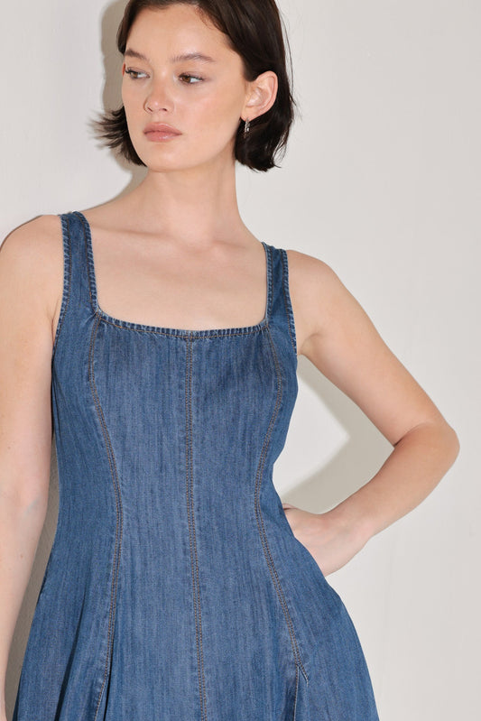 Indigo Sway Denim Midi Dress in medium indigo, view 6 — Soul Flow Apparel