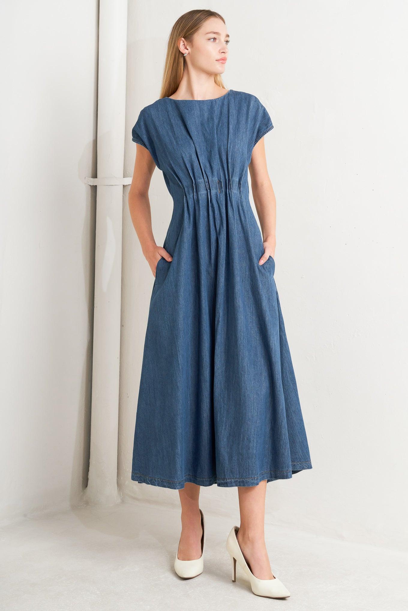 Modern Work Denim Midi Dress in indigo, view 1 — Soul Flow Apparel