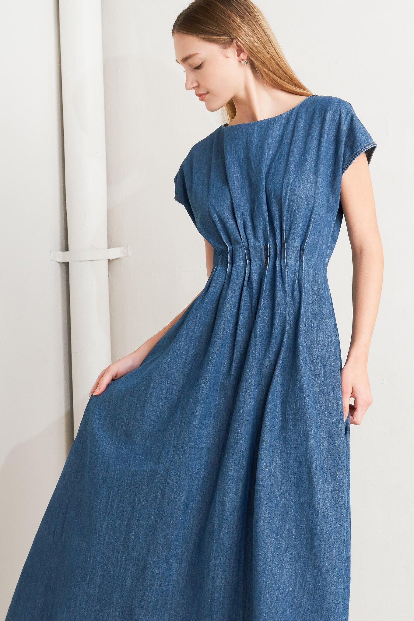 Modern Work Denim Midi Dress in indigo, view 2 — Soul Flow Apparel