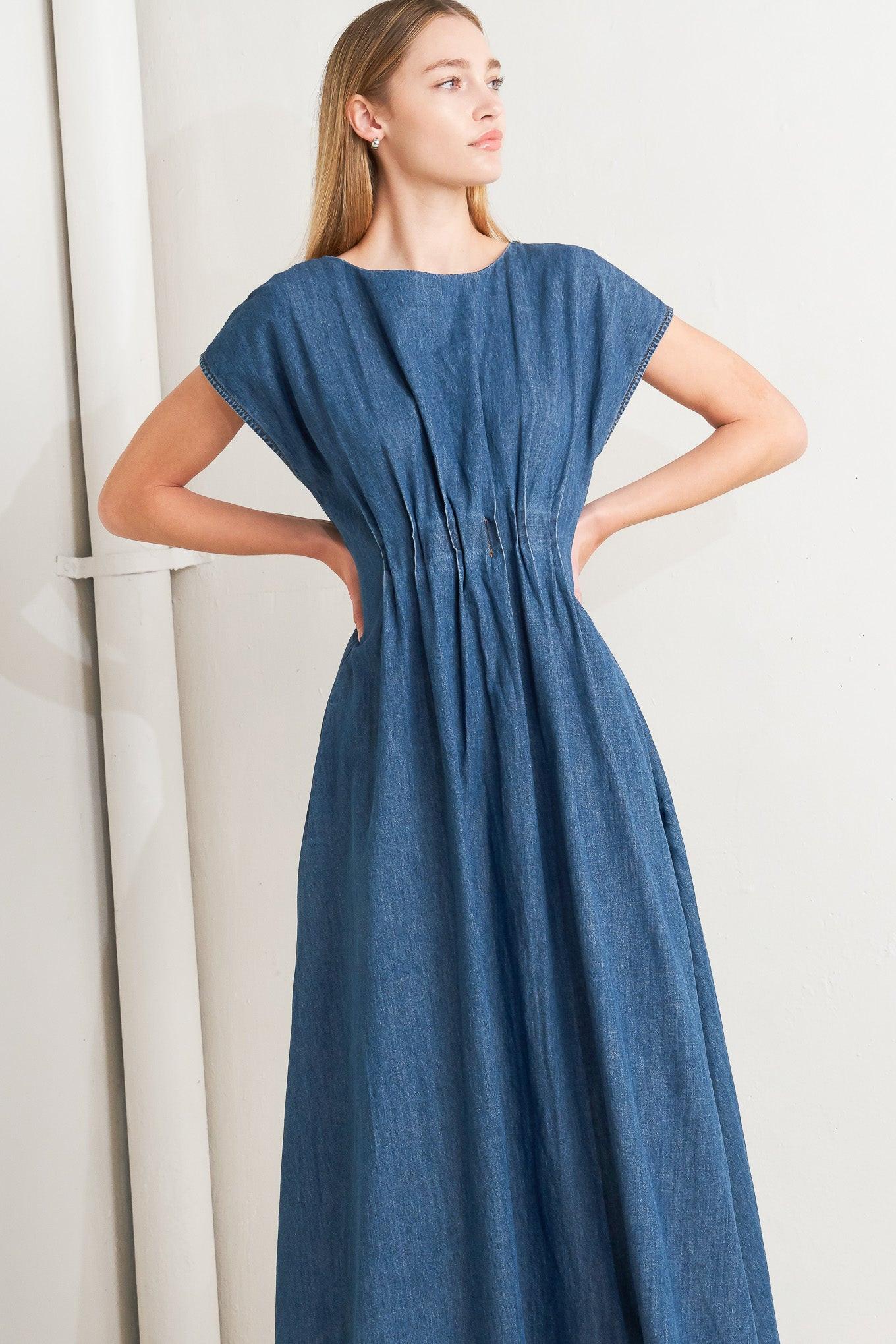 Modern Work Denim Midi Dress in indigo, view 3 — Soul Flow Apparel