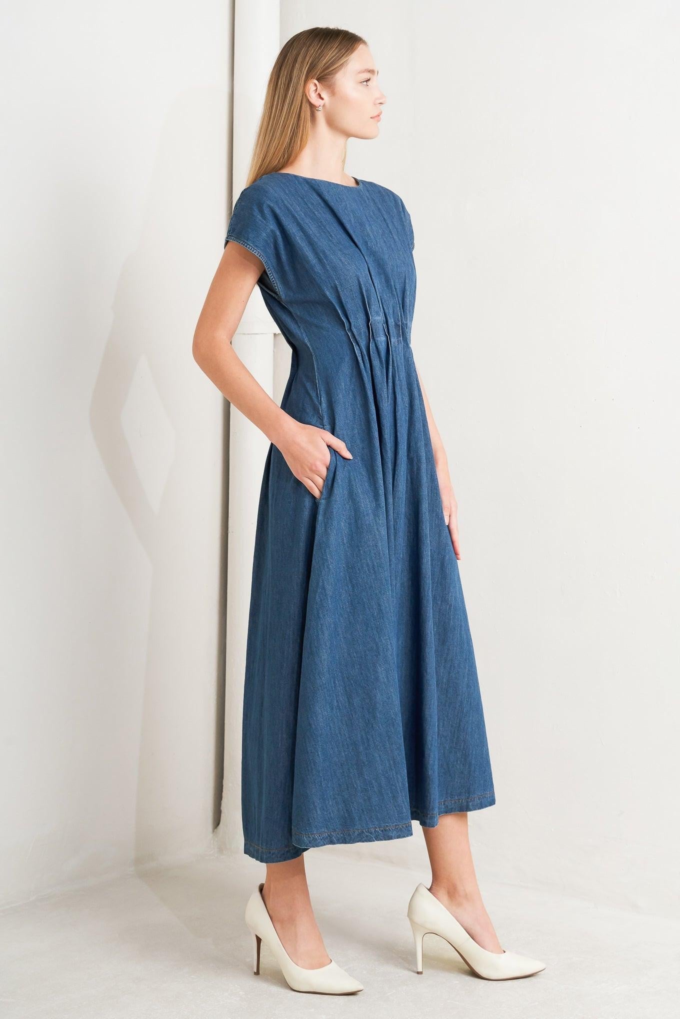 Modern Work Denim Midi Dress in indigo, view 4 — Soul Flow Apparel