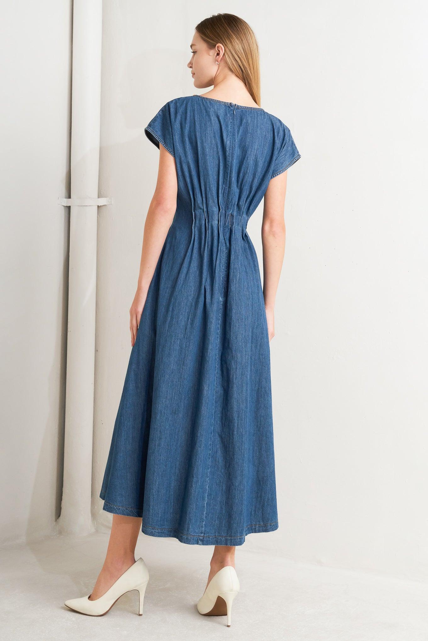 Modern Work Denim Midi Dress in indigo, view 5 — Soul Flow Apparel