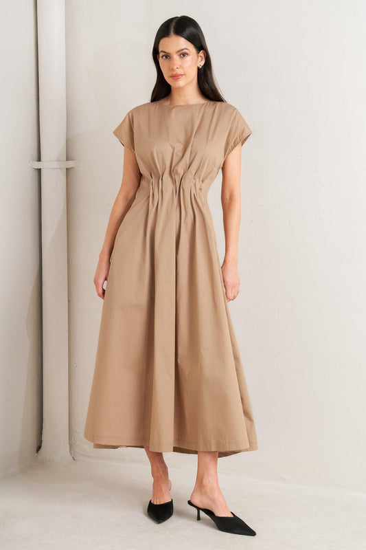 Nova Sand Woven Midi Dress, view 1 — Soul Flow Apparel