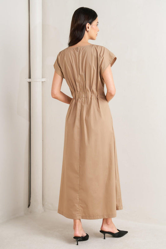 Nova Sand Woven Midi Dress, view 5 — Soul Flow Apparel