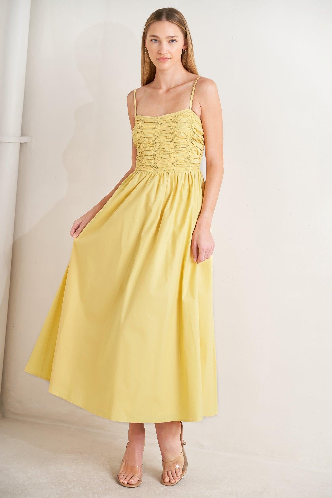 Lemon Kiss Woven Midi Dress in butter yellow, view 2 — Soul Flow Apparel