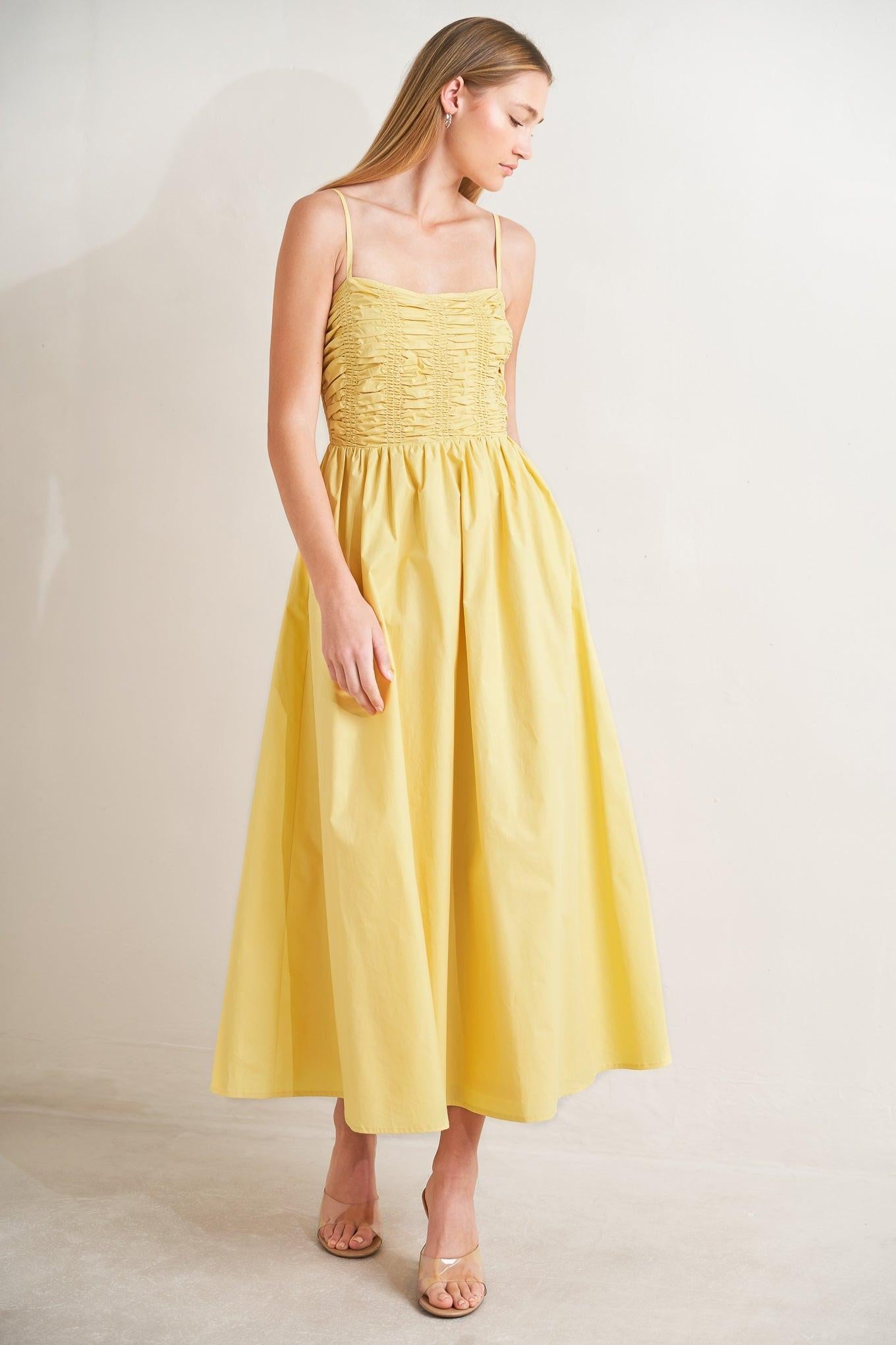 Lemon Kiss Woven Midi Dress in butter yellow, view 3 — Soul Flow Apparel