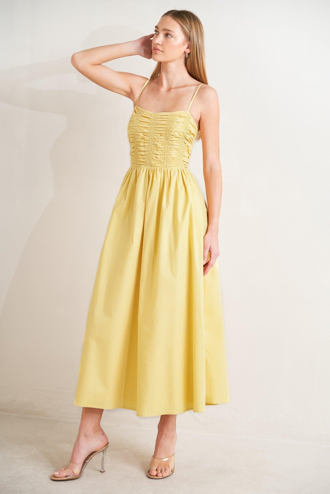 Lemon Kiss Woven Midi Dress in butter yellow, view 4 — Soul Flow Apparel