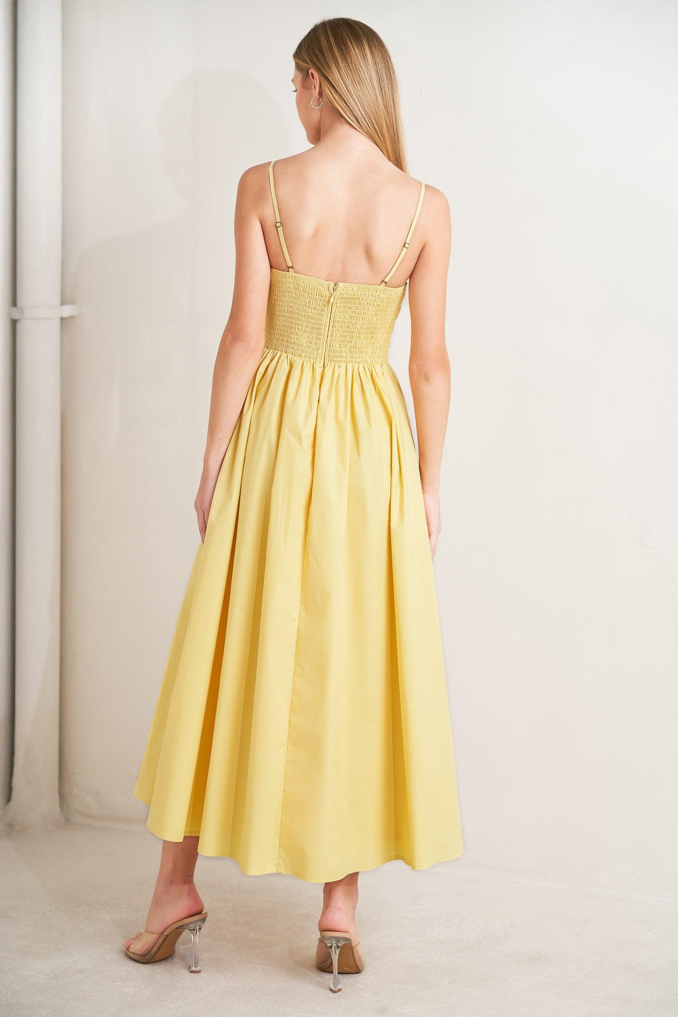 Lemon Kiss Woven Midi Dress in butter yellow, view 5 — Soul Flow Apparel