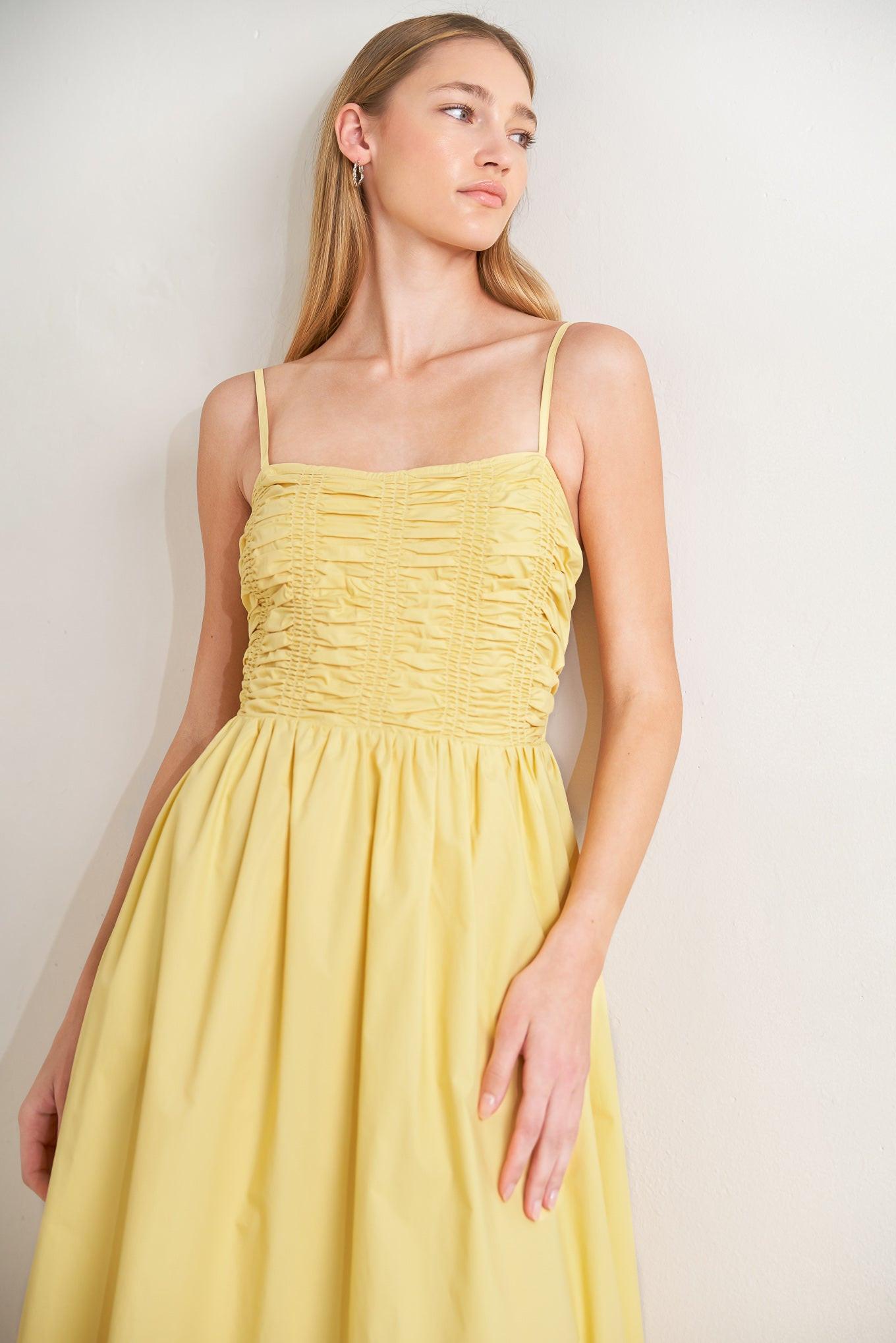Lemon Kiss Woven Midi Dress in butter yellow, view 7 — Soul Flow Apparel