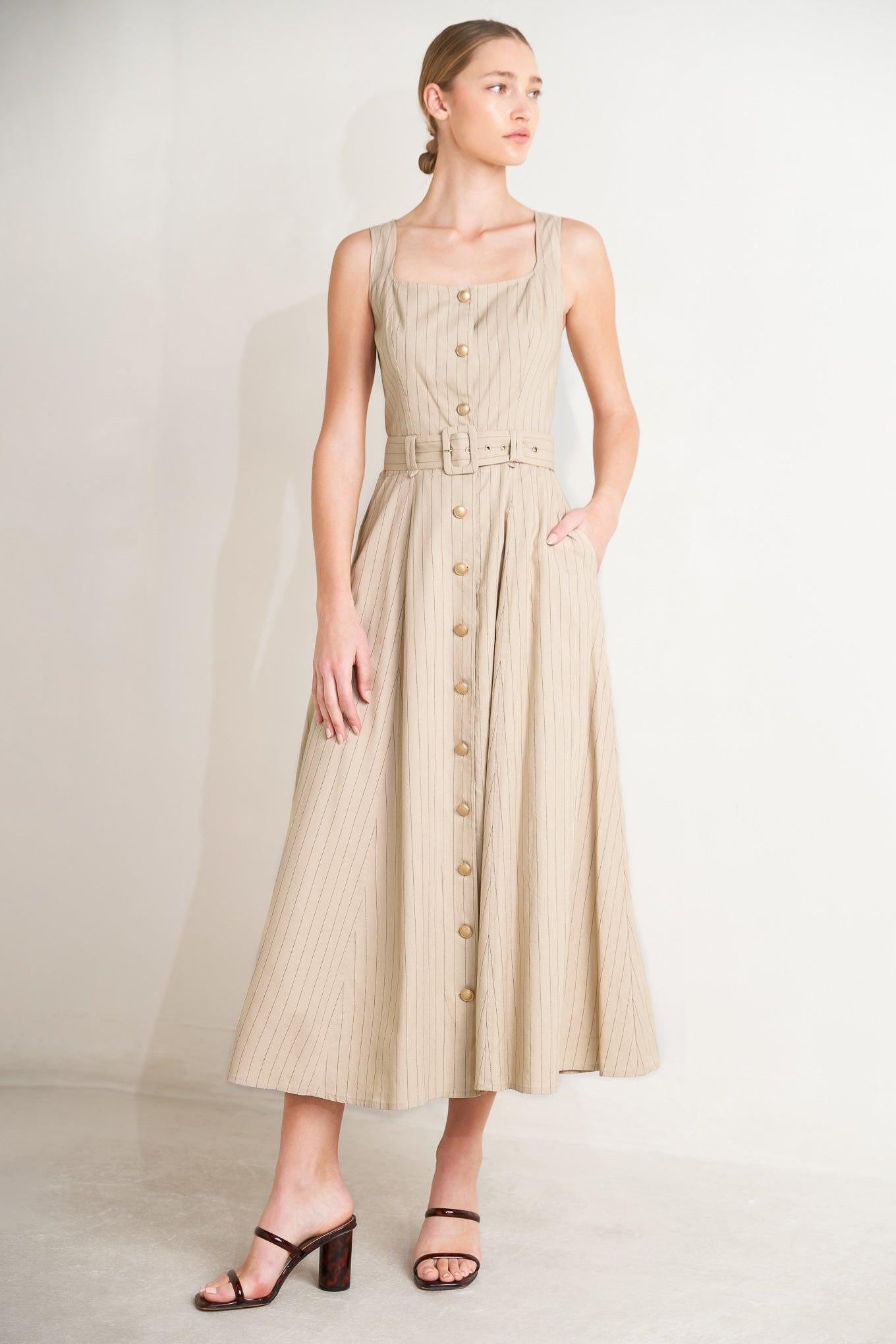 Tailored in Sunlight Woven Midi Dress in taupe black, view 1 — Soul Flow Apparel