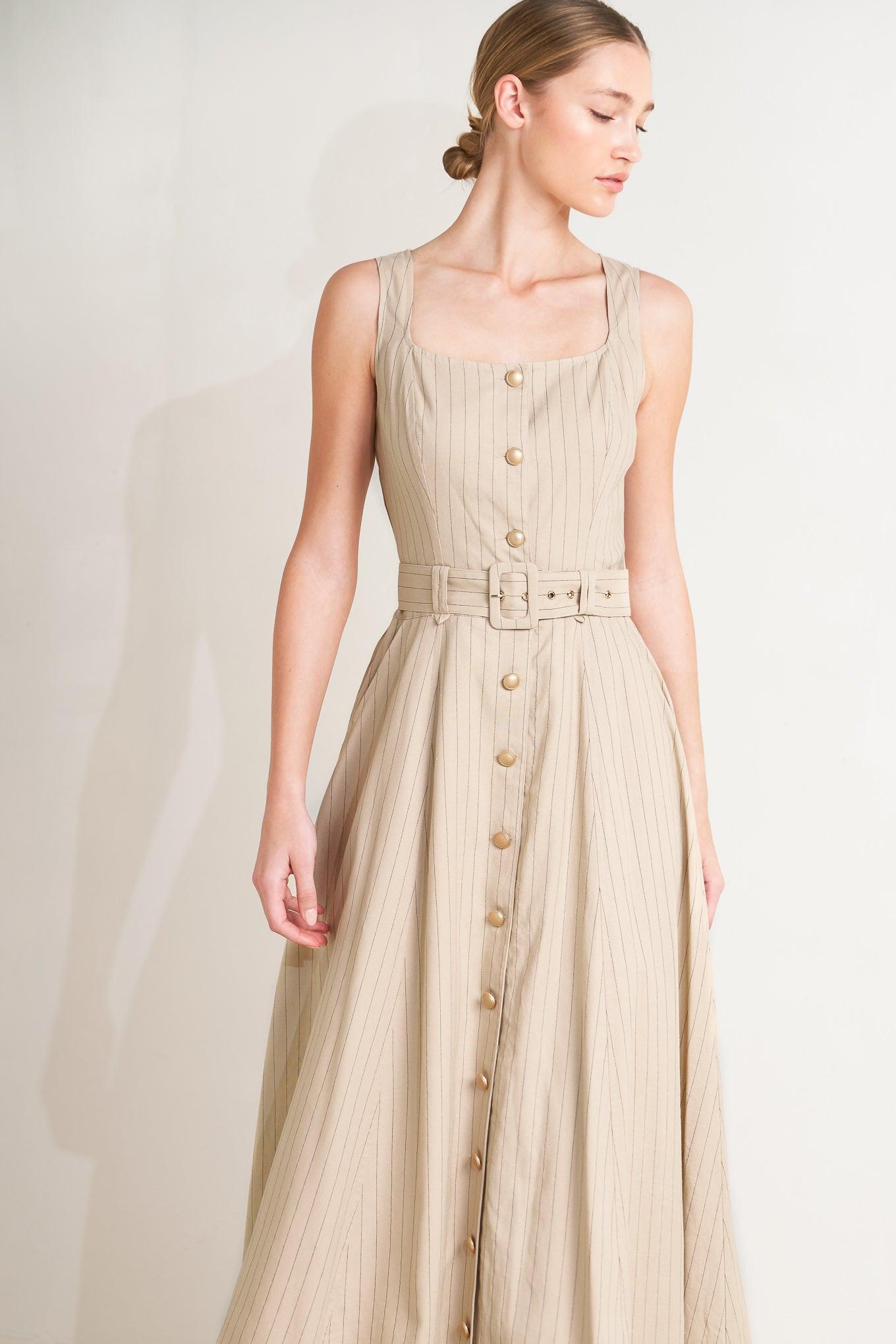 Tailored in Sunlight Woven Midi Dress in taupe black, view 2 — Soul Flow Apparel