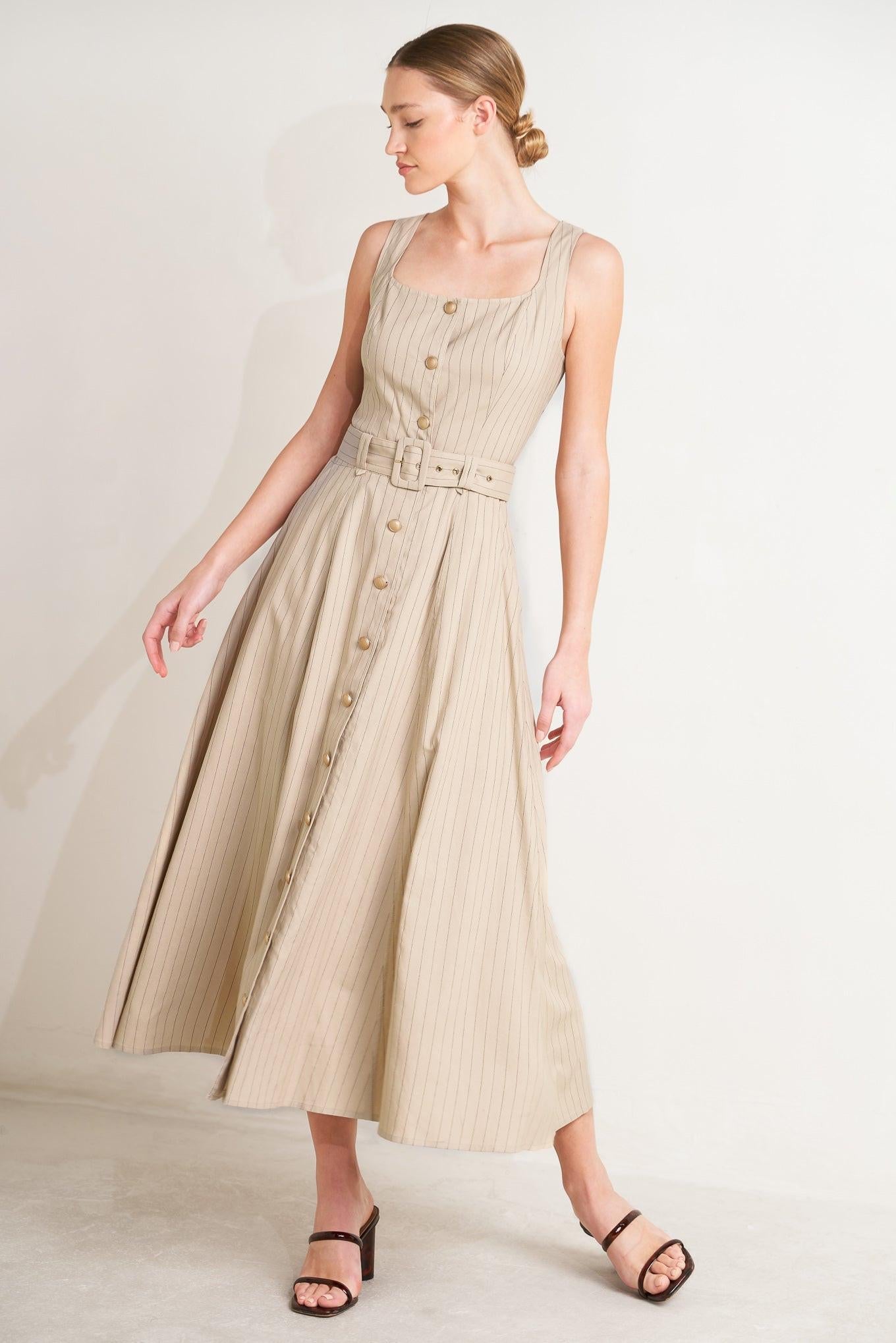 Tailored in Sunlight Woven Midi Dress in taupe black, view 3 — Soul Flow Apparel