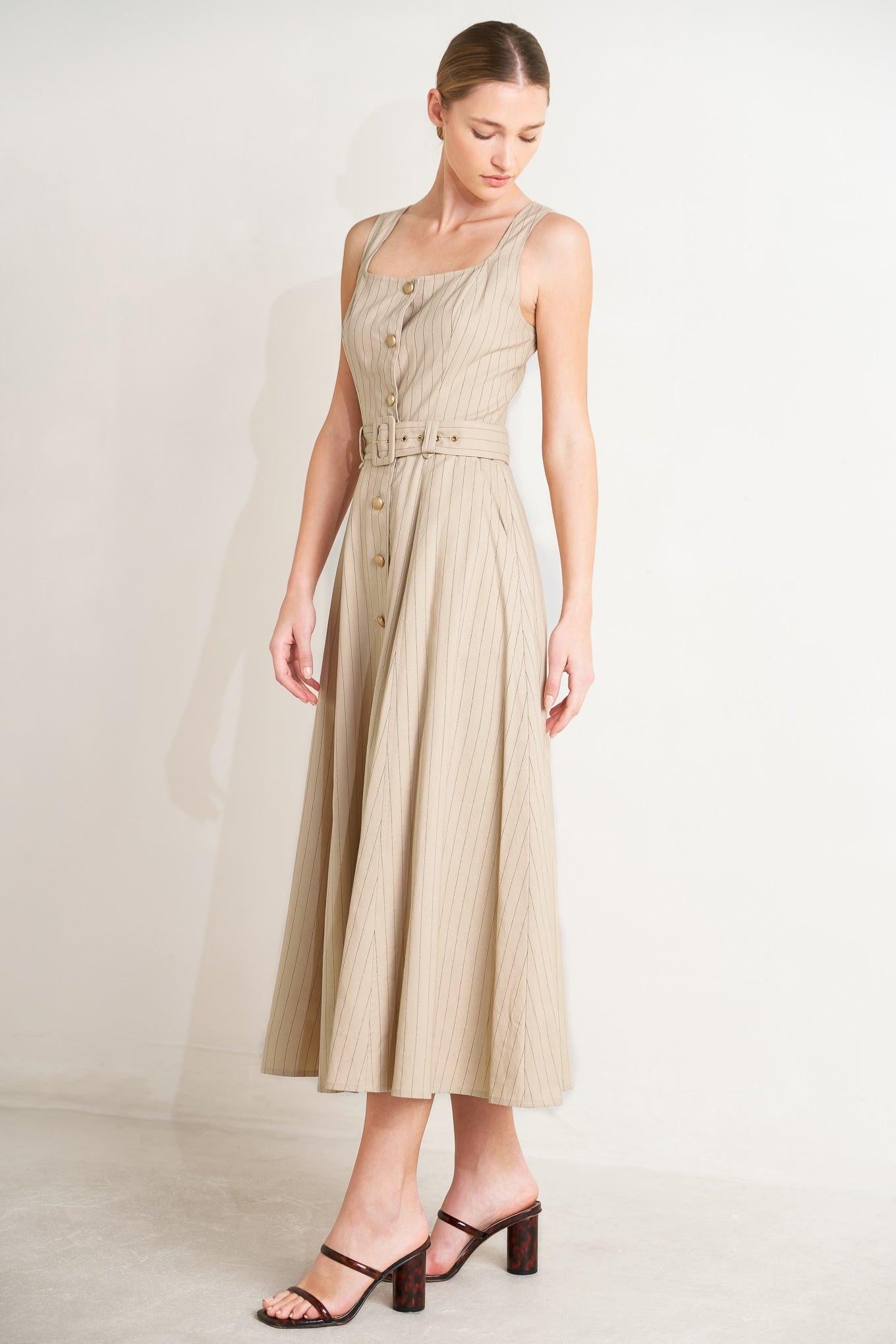 Tailored in Sunlight Woven Midi Dress in taupe black, view 4 — Soul Flow Apparel