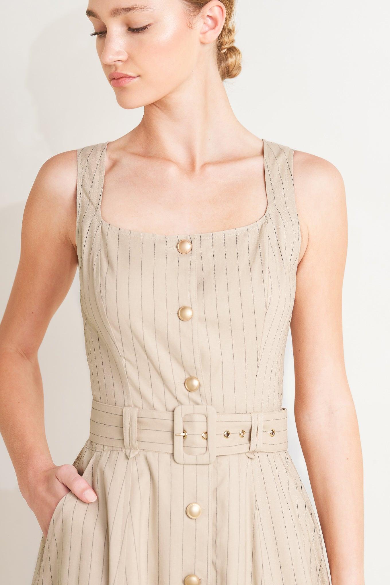 Tailored in Sunlight Woven Midi Dress in taupe black, view 5 — Soul Flow Apparel