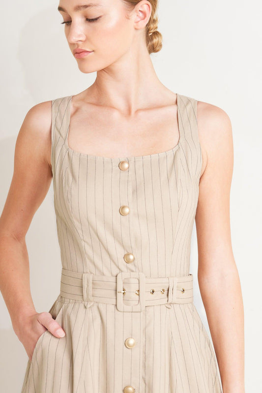 Tailored in Sunlight Woven Midi Dress in taupe black, view 5 — Soul Flow Apparel