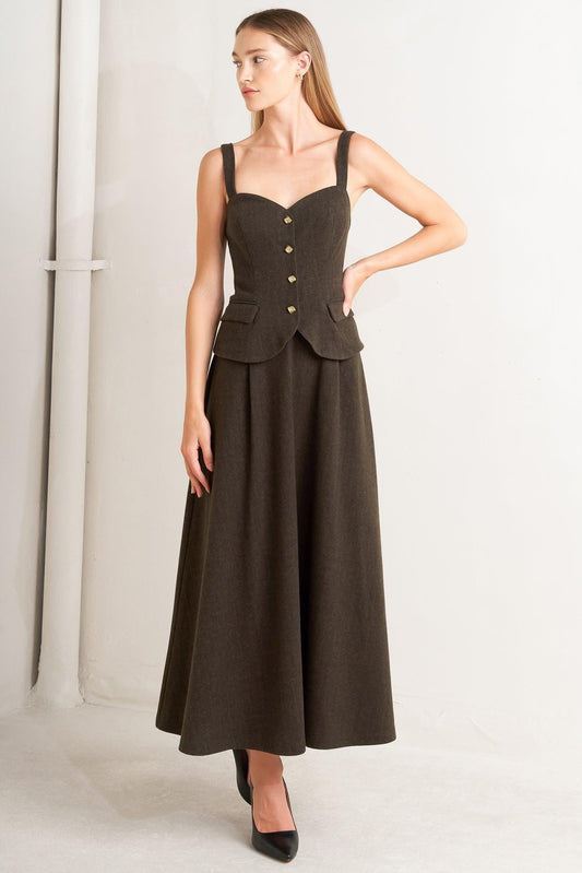 Heritage Tailor Woven Midi Dress in chocolate, view 1 — Soul Flow Apparel