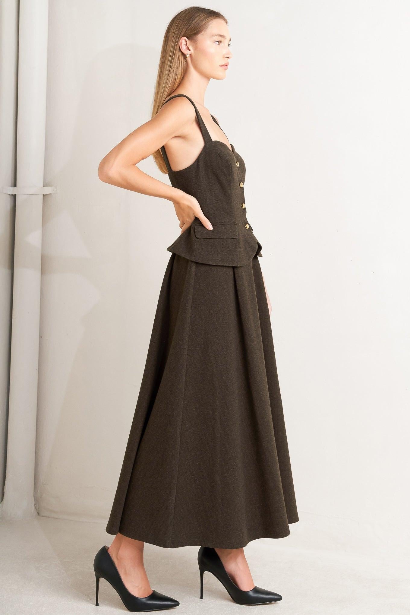 Heritage Tailor Woven Midi Dress in chocolate, view 4 — Soul Flow Apparel