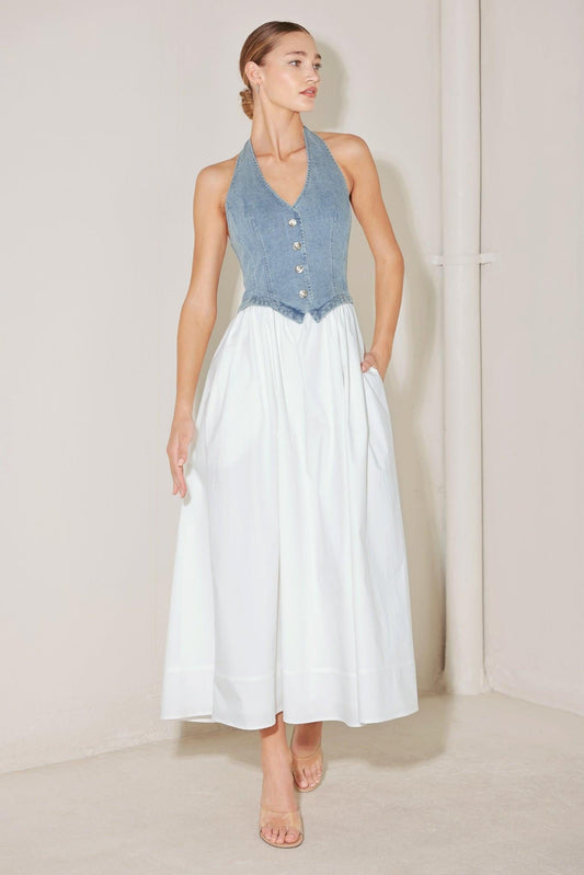 City to Coast Woven Midi Dress in denim white, view 1 — Soul Flow Apparel