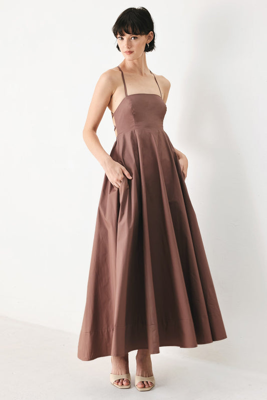 Pure Line Woven Midi Dress in cocoa, view 4 — Soul Flow Apparel